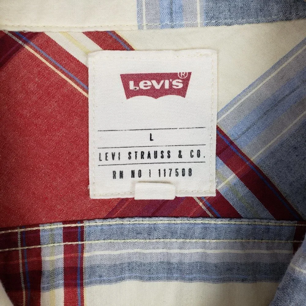 Levis Button Up Shirt Lightweight Long Sleeve Red Blue Retro Plaid Size Large